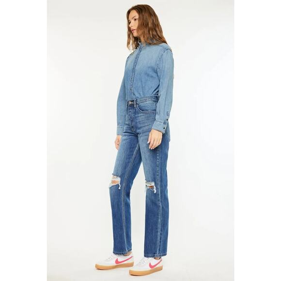 KanCan Ultra High Rise 90's Distressed Knee Medium Wash Boyfriend Denim Jeans - Picture 5 of 9